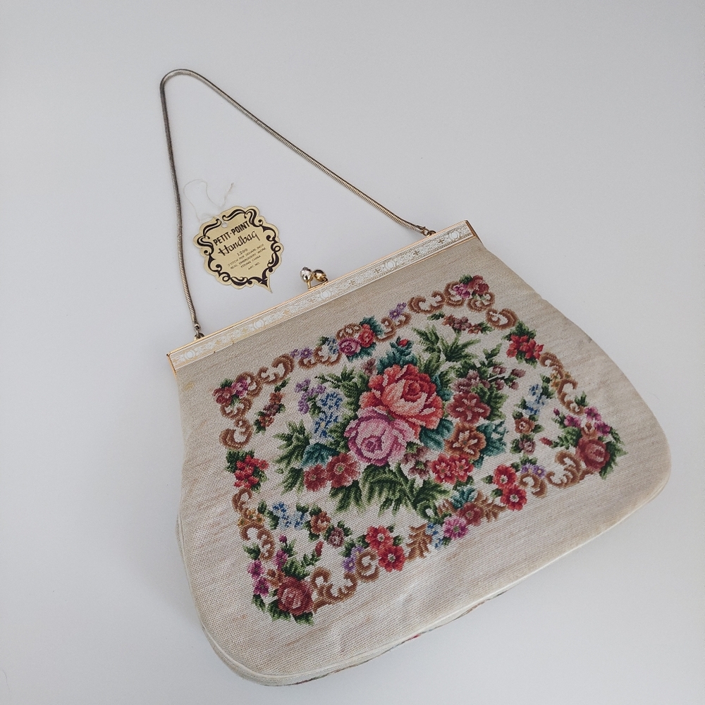 Vintage Petit Point Floral Tapestry Evening Bag, 1950s Needlepoint Clutch - Picture 2 of 14